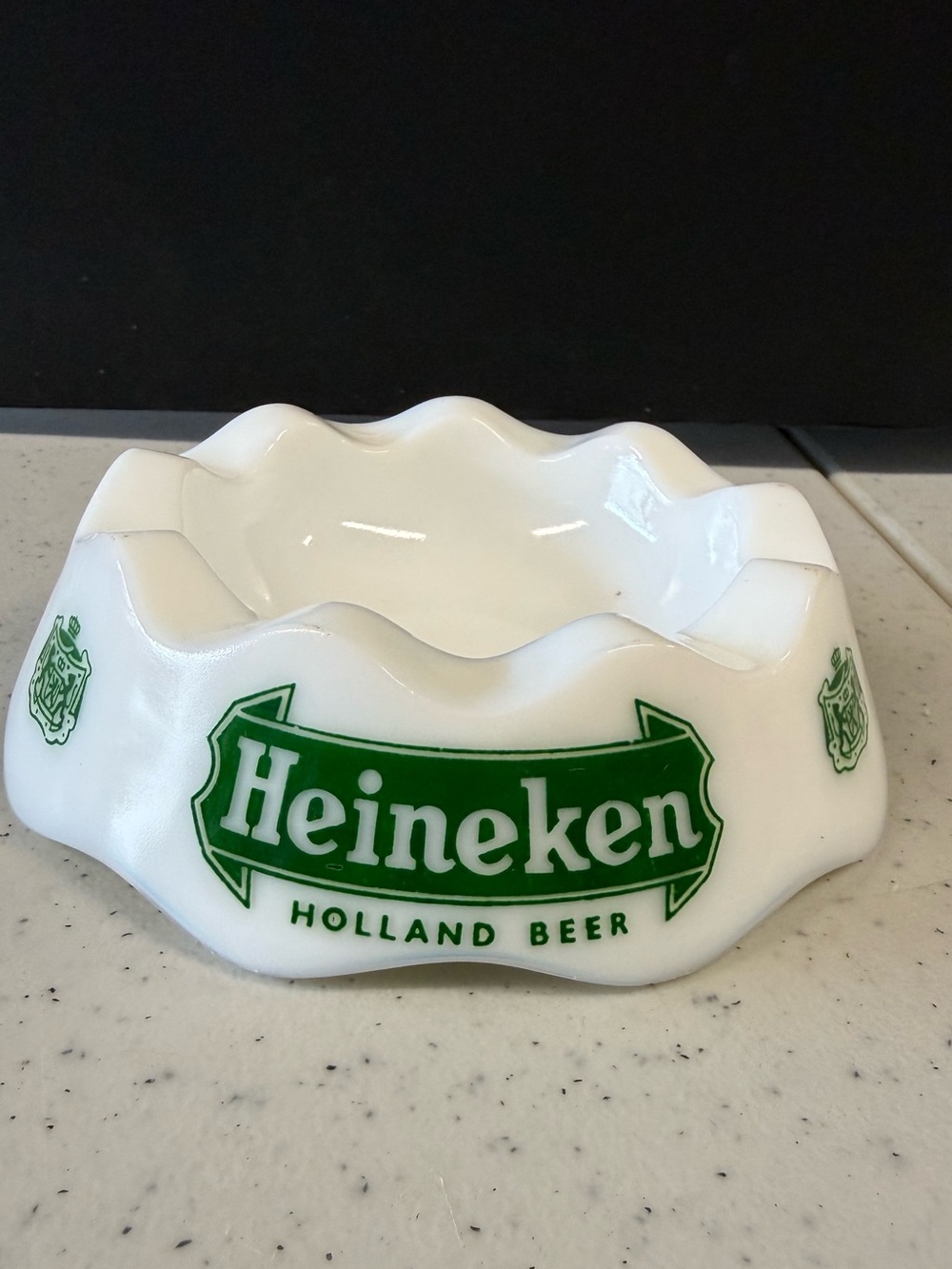 Heineken White Milk Glass Ashtray with Green Logo